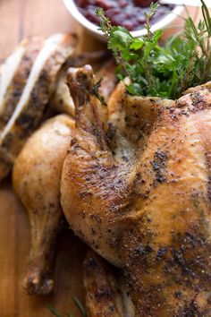 a close up of a chicken on a table