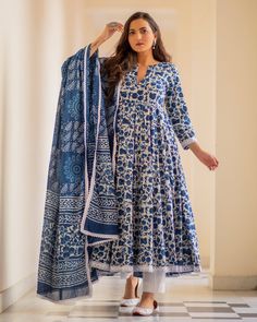 Cotton Dress Set - Indigo Colored Dabu Print - Ria Fashions Chikankari Palazzo, Diwali Wear, Palazzo Kurta, Blue Anarkali, Dabu Print, Cotton Anarkali, Kurti For Women, Anarkali Kurti, Salwar Kamiz