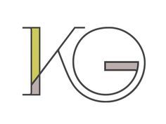 the letter kg is made up of two different colored lines and letters that appear to be interlocked