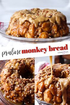 there is a monkey bread that has been drizzled with caramel on top