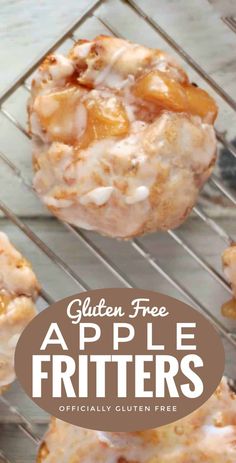 gluten free apple fritters on a cooling rack with text overlay