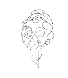 a line drawing of a woman's face with an animal's head in the background