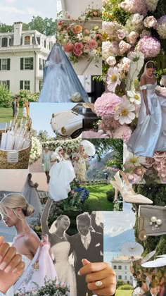 a collage of wedding photos with flowers and people dressed in formal clothing, including dresses