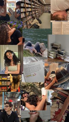 collage of people reading books in the library