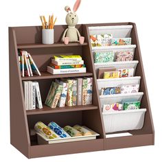 a book shelf with books and toys on it