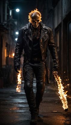 a man walking down a street with flames in his hand and wearing a black leather jacket