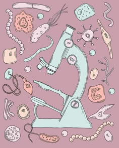 a drawing of a microscope and some other items on a pink background with the words science written below it