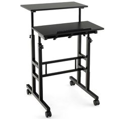 a black computer desk with wheels on it