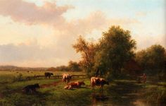 a painting of cows grazing in a field