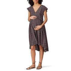 Brown printed crepe (82% Rayon, 18% Silk). Empire. Cap sleeves. V-neckline. 39" from shoulder to shortest hemline, 46" from shoulder to longest hemline. Imported, Light Brown Maternity Dress, Chocolate Maternity Dress, Brown Maternity Sweater Dress, Ruched V-neck Maternity Dress, Hatch Maternity, Maternity V-neck Dress With Ruched Details, Rent The Runway, Maternity Dress, Closet Designs