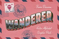 an old postcard with the word wander written in large letters on pink and blue stripes