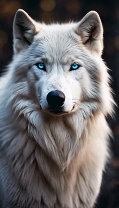 a white wolf with blue eyes looking at the camera