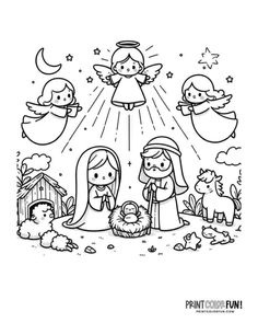 the nativity scene with three angels and two baby jesus in black and white coloring pages