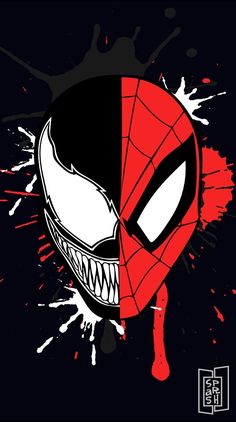 a spiderman mask painted on the side of a black background with red paint splatters