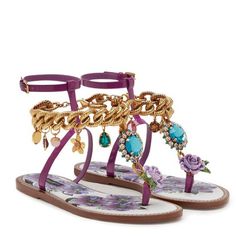 Purple Patent Leather Charm Embellished Flat Sandals From Dolce & Gabbana Featuring Open Toe, T-Bar Strap, Side Buckle Fastening, Crystal Embellishment, Flat Sole And Embellished Charms. Comes With Dust Bags And Floral Box New Never Worn Out Dolce And Gabbana Sandals, Hippie Aesthetic, Embellished Flats, Purple Floral Dress, Dolce Gabbana Shoes, Boot Jewelry, Fancy Shoes, Girly Shoes, Crystal Embellishment