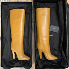 Brand New, Never Worn. 38.5 - Fits Like A 7.5 Says 38+ On Box Says 38 1/2 On Sole Of Shoe Dimensions: Highest Part Of Heel: 4.5in Boot: 20in High Hits Just Below Knee 100% Calfskin Leather Made In Italy Saint Laurent Shoes, 2 On, Shoe Game, Shoes Heels Boots, Cute Shoes, Brandy, Shoes Women Heels, Calf Skin, Saint Laurent