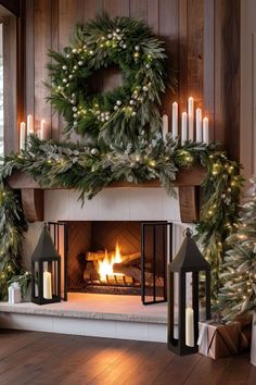 christmas decor, christmas fireplace, Christmas Porch Decor Modern, Fireplace Decor Lanterns, Large Fireplace Christmas Decor, Lantern By Fireplace Decor, Christmas Mantel With Wreath, Lantern Christmas Decorations, Fireplace Wreath Decor, Modern Christmas Mantel, Large Mantle Christmas Decor