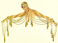 an illustration of a woman with gold jewelry on her arms and back, wearing a headdress