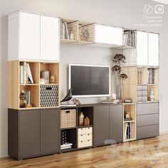 an entertainment center with shelves, drawers and a television