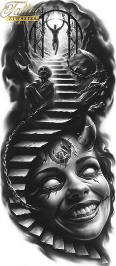 a black and white drawing of a woman's face with stairs leading up to the sky