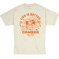 Life is Better With a Camera Tee Life is Better With a Camera. Wouldn't you agree? Chill with your new favorite shirt this summer, and be sure to bring along your favorite camera. Available in 4 colors. ABOUT THIS SHIRT: Original hand-drawn illustration Large graphic print on back Left chest print on front 100% Ringspun Cotton 6.1oz fabric weight Sustainably sourced USA-grown cotton Double-needle stitching throughout Printed by hand in the USA Photographer Tshirt Ideas, Merch Graphic Design, Photography Merch, Retro Tshirt Design, Photographer Tshirt, Tshirt Graphics, Expired Film, Philadelphia Usa, Film Club