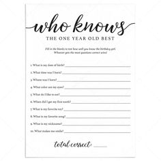 Girl First Birthday Trivia Who Knows The One Year Old Best Printable by LittleSizzle 1st Birthday Trivia Questions, Who Knows The One Year Old Best, First Bday Games, Games At First Birthday Party, First Bday Games Party Activities, Games For 1 Year Party, First Birthday Indoor Activities, Baby First Birthday Activities, Games For One Year Old Birthday Party