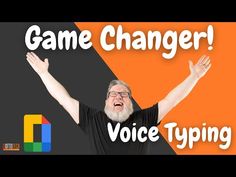 a man with his hands up in front of an orange and black background that says game changer voice typing