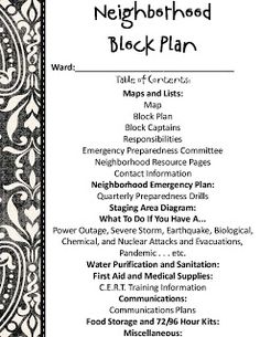 a black and white menu with the words neighborhood block plan written in bold, ornate font