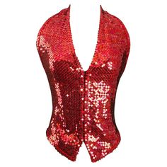 Chantal Thomass - Sleeveless halter vest entirely covered with red sequins. No composition or size tag, it fits a size 36FR. Additional information: Dimensions: Bust: 36 cm (14.17") Waist: 32 cm (12.59") Length: 57 cm (22.44") Condition: Very good condition Seller Ref number: FH116 Pumpkin Day, Red Sleeveless Top, Lion Tamer, Halter Vest, Chantal Thomass, Red Lion, Red Sequin, High Collar, It Fits