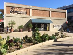 a store front with plants in the foreground and a man walking past it on a sidewalk