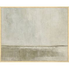 an abstract painting with white and grey colors on the wall, framed in wood frame