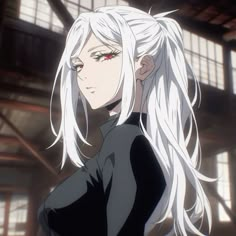 an anime character with long white hair and red eyes