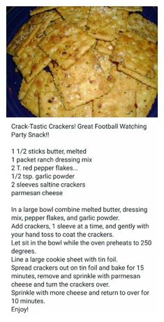 a recipe for cracker crackers on a blue plate