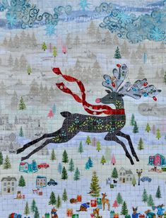 a quilted christmas scene with a reindeer flying through the air