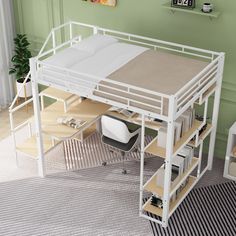 a white loft bed sitting on top of a desk