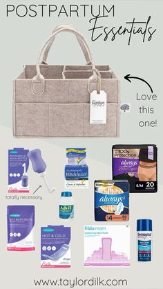 a bag with the words postpartum essentials on it and some other items