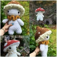 crocheted stuffed animals with different hats on them