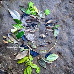 a face made out of leaves and twigs on top of a dirt ground next to plants