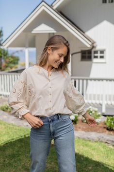 The Amelie Blouse is a truly treasure piece. With the dainty buttons down the front and the intricate eyelet design on the sleeves, the details will draw you in. The Amelie Blouse also comes in pure white. The sleeves are designed with elastic for extra stretch.  S: 26" length / 48" Bust M: 26” length / 50” Bust L: 26”