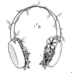 a drawing of headphones with flowers on them