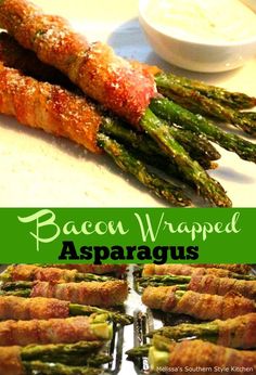 bacon wrapped asparagus with dipping sauce on the side