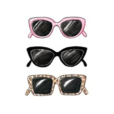 three pairs of sunglasses with pink and black frames