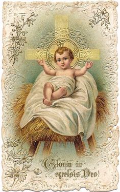 an old fashioned christmas card with a baby on it's lap and the words, jesus