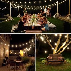 several pictures of people sitting around a table outside at night with lights strung from the trees