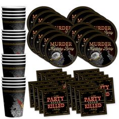 party supplies including cups, plates and napkins for a halloween themed party with black and gold decorations