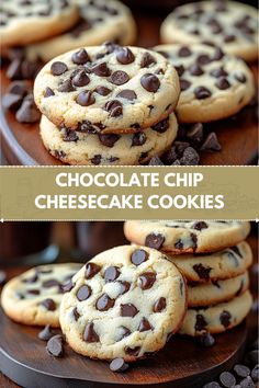 chocolate chip cheesecake cookies are stacked on top of each other and ready to be eaten