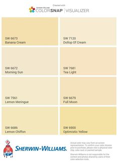 the color chart for sherylin williams's paint swatches, which are yellow and