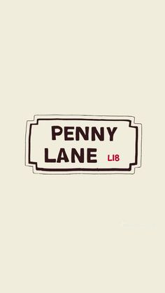 the penny lane logo is shown in black and red on a white background with an orange border