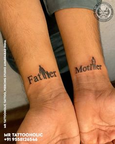 two people with matching tattoos on their arms, one has the words father and daughter