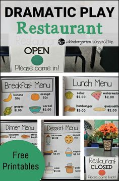 a restaurant sign with pictures of different menus and the words dramatic play on it